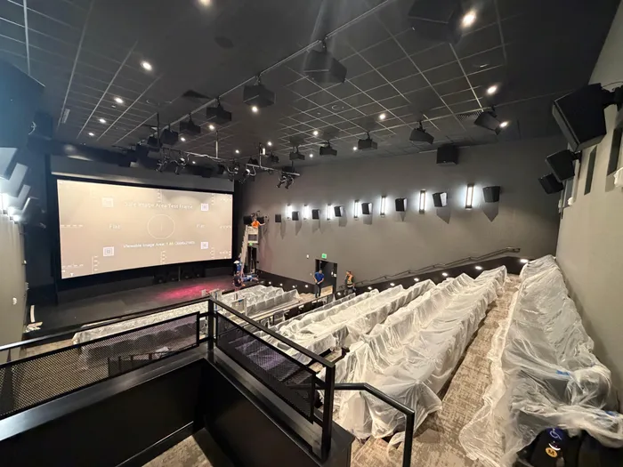 Cinema screening room with a test pattern on screen
